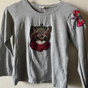 Gray Cat Embroidered Kids Shirt